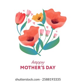 Mother's Day card. Trendy banner, poster, flyer, label or cover with flowers in heart shape,  watercolor art style. Spring summer bright abstract floral design template, vector illustration