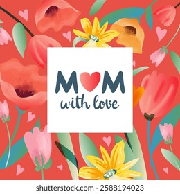 Mother's Day card. Trendy banner, poster, flyer, label or cover with flowers frame, abstract floral pattern watercolor art style. Spring summer bright abstract floral design template, vector illustrat