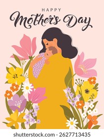 Mothers Day card. Trendy poster, postcard or cover with flowers, abstract floral pattern and mother with child illustration in flat style. Spring summer bright abstract template
