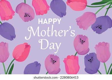 Mother's Day card with tulips. Horizontal greeting card with flowers