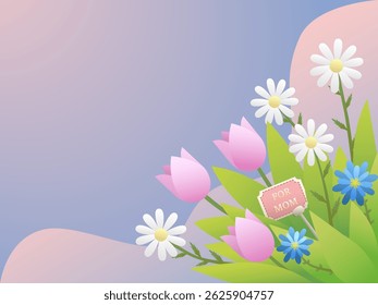 Mother's Day card with tulips. pastel background for inscriptions with a flower bouquet of tulips and daisies for a postcard.