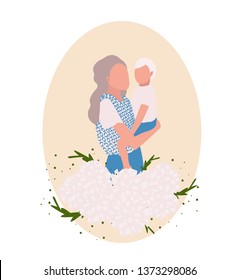 Mother's day card, vector background. Mom with her baby.