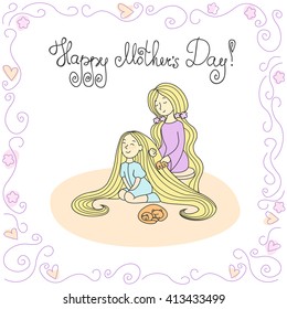 Mother's day card. Vector line illustration with lettering.  Mother combing daughter's hair. Sleeping cat and kitten