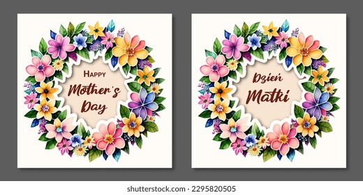 Mother's Day card. Watercolor wreath of flowers. Polish and english version.