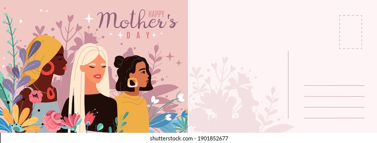 Mothers day card. Women portraits with bouquets flowers letter template, multinational beautiful young moms, holiday congratulation. Vector postcard or greeting card mockup in modern cartoon style