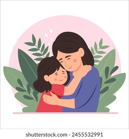 Mother's Day card.Happy  daughter hugging her  mother with love. Their Faces Aglow With Love, Eyes Closed, Encapsulating Eternal Bond In A Moment Of Serene Affection. Vector Illustration