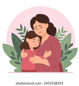 Mother's Day card.Happy  daughter hugging her  mother with love. Their Faces Aglow With Love, Eyes Closed, Encapsulating Eternal Bond In A Moment Of Serene Affection. Vector Illustration