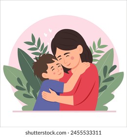 Mother's Day card.Happy  son hugging her  mother with love. Their Faces Aglow With Love, Eyes Closed, Encapsulating Eternal Bond In A Moment Of Serene Affection. Vector Illustration