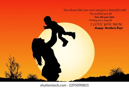 Mother's day card,mother with her child,Young mom hugging her baby,Happy Mother's Day vector illustration.