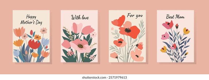 Mother's Day cards with beautiful flowers. Set of cute flowers with beautiful red, yellow and pink flowers in a minimalist style.