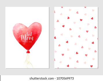 Mother's day cards. Best Mom, thank you. Red heart watercolor balloon. Romantic vector illustration. Vector card, badge for Mother's day. Love Mom concept