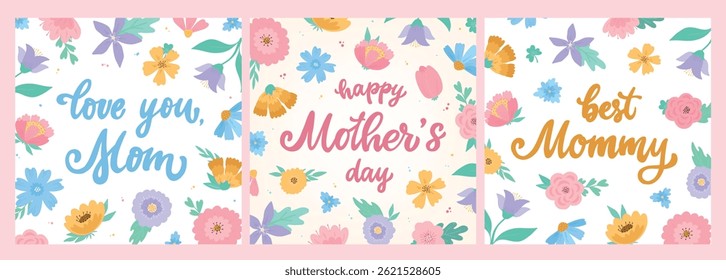 Mothers day cards collection, posters, banners, invitations, prints design decorated with lettering quotes and hand drawn flowers. EPS 10