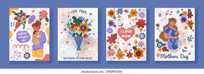 Mothers day cards. Flower background. Watercolor pattern. Baby heart, present women, drawing mom. Summer banner celebration. Love poster. Happy motherhood. Vector cartoon illustration tidy background