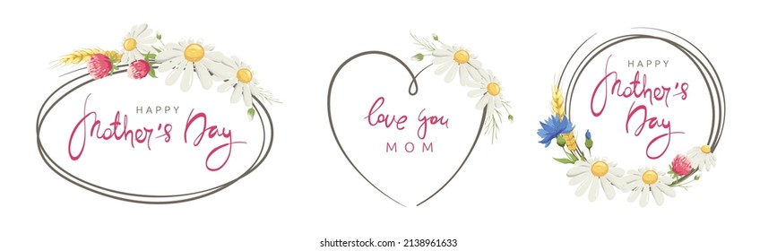 Muttertagskarten. Rahmen für Einladungen mit Maisblume, Kamille und Ohren. Setzen Sie Vektordesign-Elemente auf das Thema Blüte und Sommer.	