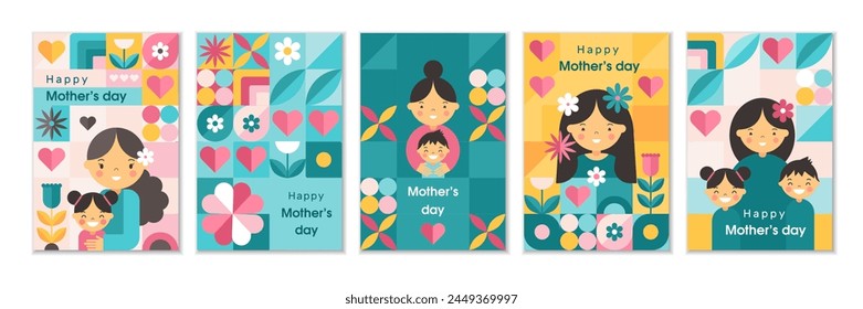 Tarjetas del Día de la Madre. Las chicas de vacaciones. geometría Abstractas. Mamá feliz con el niño. Collage geométrico mínimo. Mosaico escandinavo. Patrón floral de primavera moderna. Diseño de brutalismo. Conjunto de afiches de celebración de Vector