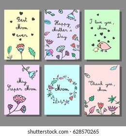 Mother's Day cards set with floral background.Doodle style template, greeting card. Vector illustration