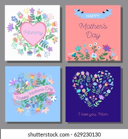 Mother's Day cards set with floral background.Doodle style template, greeting card. Vector illustration