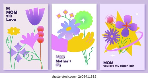 
Mother's day cards set. Geometric  art chic design with flowers, plants. Bright colorful holidaydesign. Cards, invitations, covers, post, message template.