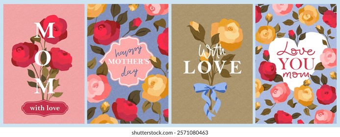 
Mother's day cards set. Vintage  art chic design with roses, leaves, lettering. Bright colorful romantic design. Holiday cute cards, invitations, covers, post, message template.