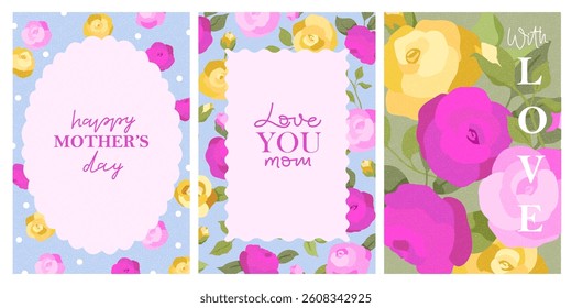 Mother's day cards set. Vintage  art chic design with roses, leaves, lettering. Bright colorful romantic design. Holiday cute cards, invitations, covers, post, message template.
