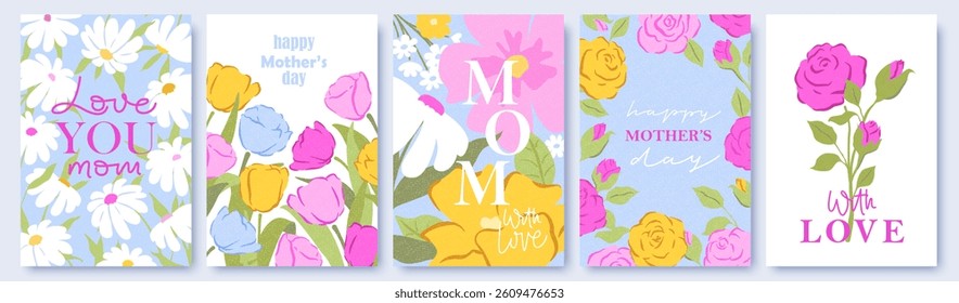 Mother's day cards set. Vintage  art chic design with roses, leaves, lettering. Bright colorful romantic design. Holiday cute cards, invitations, covers, post, message template.