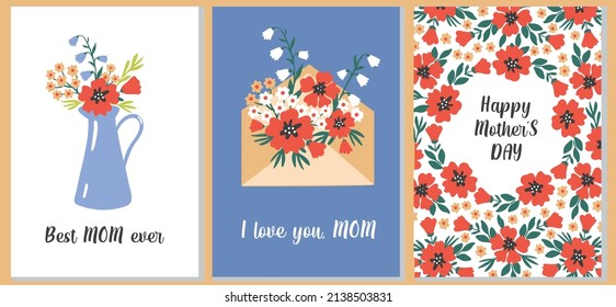 Mother's Day cards template. Vector floral illustration. Bouquets with poppies, bluebells and chamomile