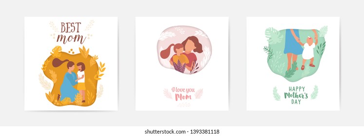 Mother's Day cards Typographical Set collection. Happy Mothers's Day, I love you so much greeting cards, posters set with mother and child. Vector background with mom and kid