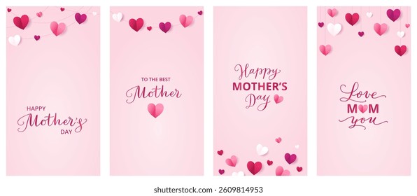 Mother's day cards. Vertical format for social media. Pink paper hearts decoration. Mothers day calligraphy. Love frame, border. String ornaments on rose background. Vector.