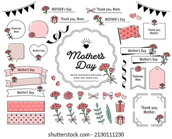 Mother's Day Carnation And Simple Line Drawing Illustration Frame Set