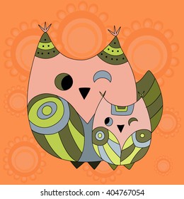 Mother's Day in a cartoon style with owls. Two owls. The child and mother together. Mama owl hugs a child. Vector illustration.