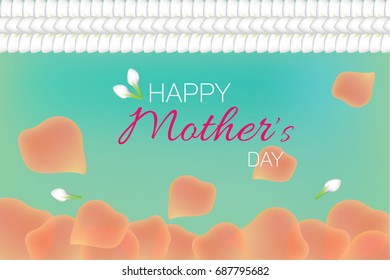 mother's day celebration card with jasmine garland on the top and pink rose petal in the bottom on blue background. 