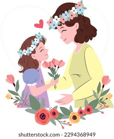 Mother's day celebration card mother and daughter giving flowers, vector design color can change  - Shutterstock ID 2294368949