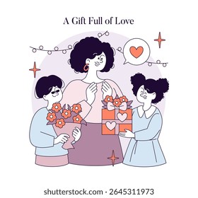 Mother's Day celebration illustration featuring a loving mother receiving gifts and flowers from her children. The scene captures joy, appreciation, and the special bond of motherhood. Vector