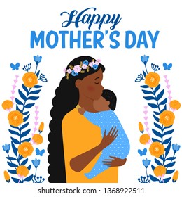 Mother's Day celebration illustration. Mother holding baby on hands. Parent hugging child. Family love. Positive, inspirational vector illustration.