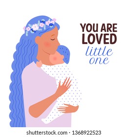 Mother's Day celebration illustration. Mother holding baby on hands. Parent hugging child. Family love. Positive, inspirational vector illustration.