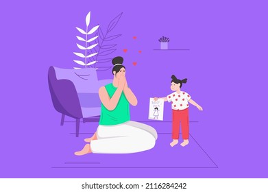Mothers day celebration modern flat concept. Cute little daughter gives hand drawn postcard to best mom and congratulates her on holiday. Vector illustration with people scene for web banner design