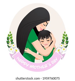 Mother's day celebration. Mom and daughter embrace in flower wreath. Vector illusrtation
