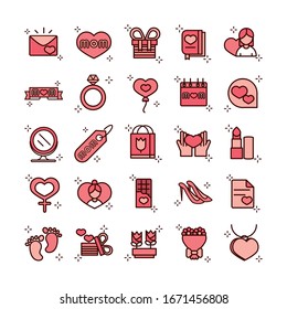 mothers day, celebration party event icons set vector illustration line and fill style icon