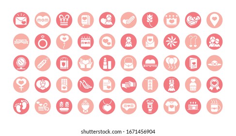 mothers day, celebration party event icons set vector illustration block style
