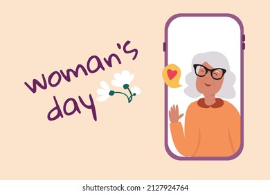 Mother's day cellphone illustration video call. Social distancing. Happy Mother's Day, Vector Of Mother. holiday covid 19. Corona Virus. Flat vector illustration Social media banner. calligraphy text.