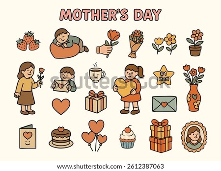 Mother's Day character and object vector set with children, gifts, cupcakes, balloons, coffee, and heart icons. Kawaii flat cartoon style with soft colors and playful mood.


