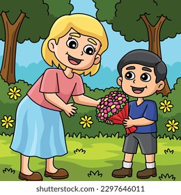 Mothers Day Child Giving Flowers Colored Cartoon 