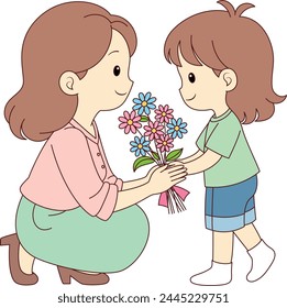 Mothers Day Child Giving Flowers for Mom Illustration