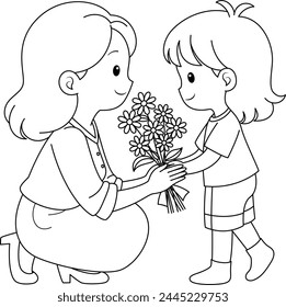 Mothers Day Child Giving Flowers for Mom Coloring Page