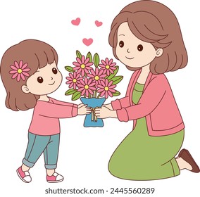 Mothers Day Child Giving Flowers for Mom Illustration