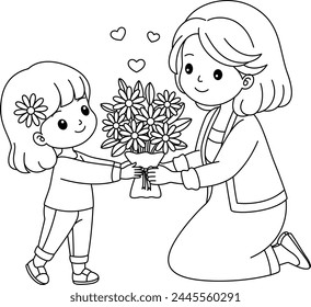 Mothers Day Child Giving Flowers for Mom Coloring Page