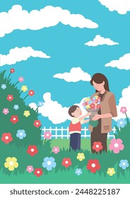 Mother's Day, child giving flowers to mother illustration vector