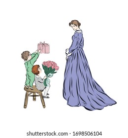 Mothers Day. Children congratulate mom and give a bouquet of flowers and a gift. Happy family. Son and daughter. Hand drawn vintage people. 
