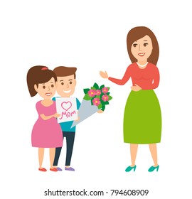 mother's day. children give to mom bouquet of flowers