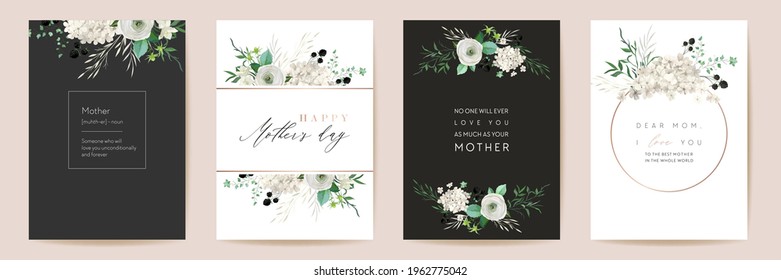 Mothers day classic floral greetings. Vector Watercolor flowers frame set. Spring flower design for Mother party, woman gold template. Modern poster, Mom banner postcard, Elegant nature invite cards